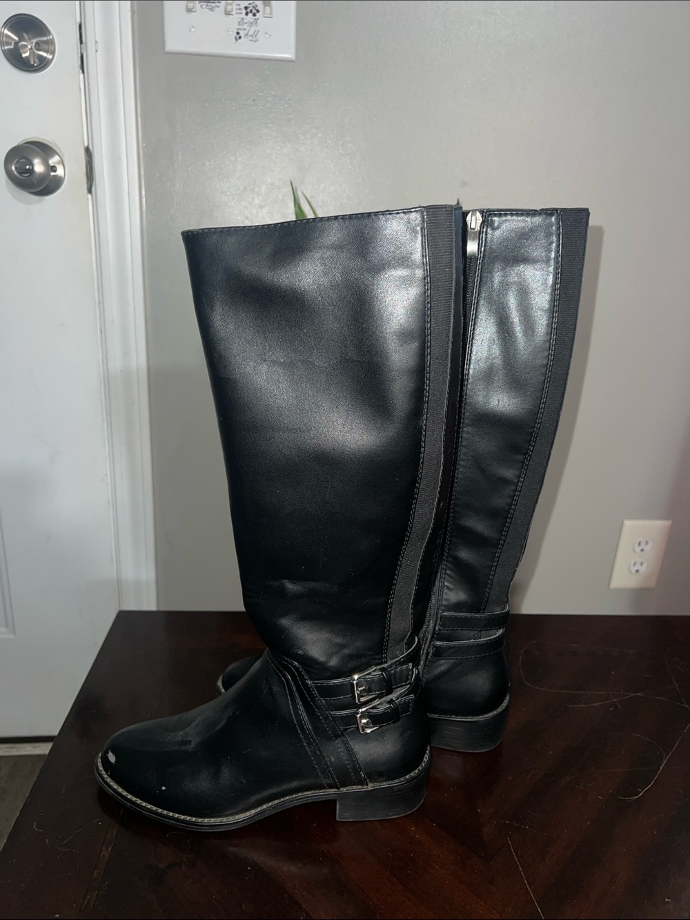 Women's Black Mid-Calf Riding Boots with Buckle Detail